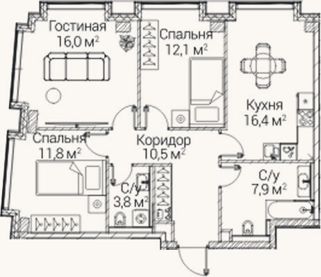 Планировка: 3-к, 78,5 м²