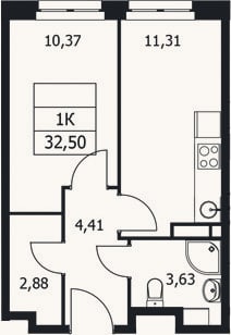Планировка: 1-к, 32,5 м²