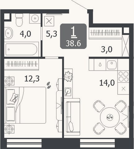 Планировка: 1-к, 38,6 м²