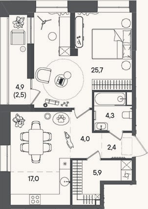 Планировка: 2-к, 59,3 м²