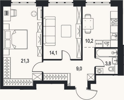 Планировка: 2-к, 58,4 м²