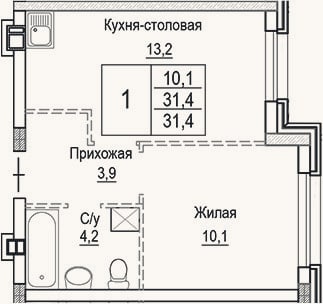 Планировка: 2-к, 31,4 м²