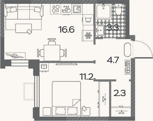 Планировка: 2-к, 38,1 м²