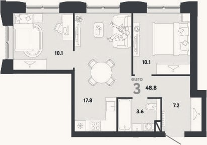 Планировка: 3-к, 48,8 м²