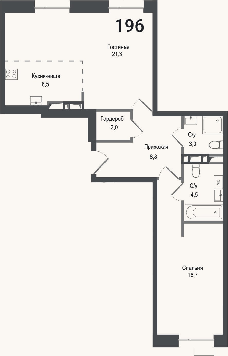 Планировка: 2-к, 62,8 м²