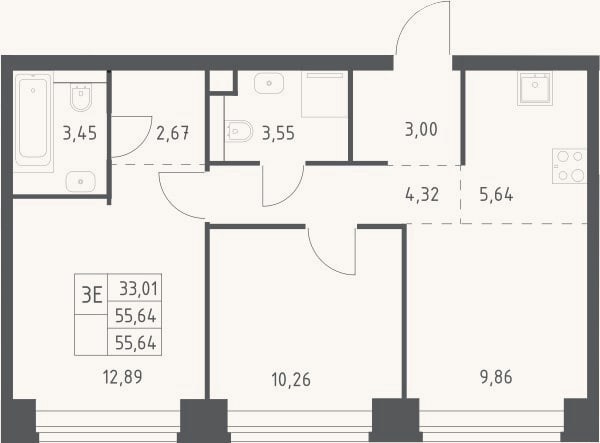 Планировка: 3-к, 55,6 м²