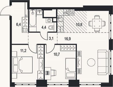 Планировка: 3-к, 63,5 м²