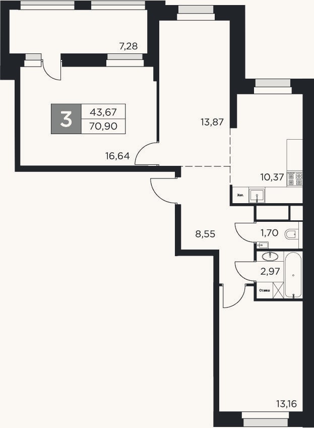 Планировка: 3-к, 67,3 м²