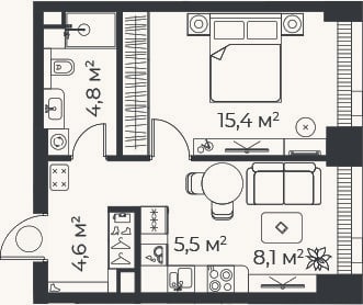 Планировка: 2-к, 38,2 м²