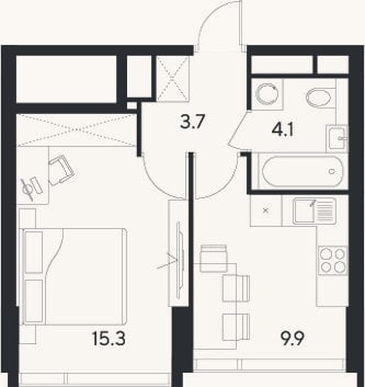 Планировка: 1-к, 33 м²