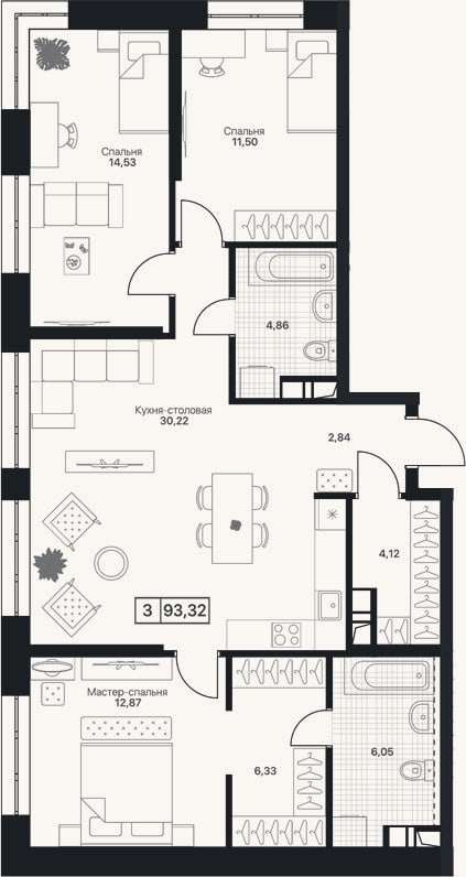 Планировка: 3-к, 93,3 м²