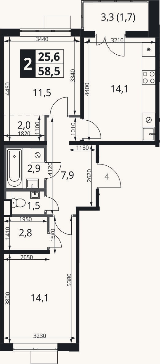 Планировка: 2-к, 56,8 м²