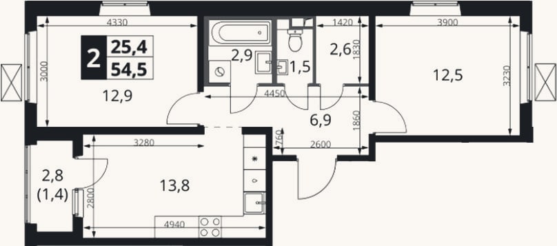 Планировка: 2-к, 53,1 м²