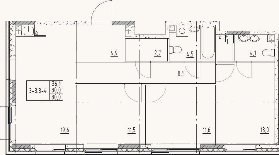 Планировка: 4+ к, 80 м²