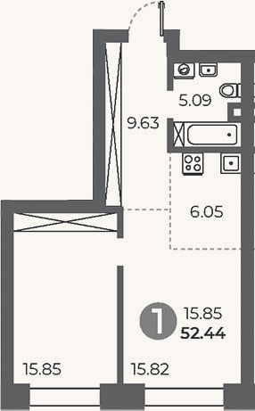 Планировка: 1-к, 52,4 м²