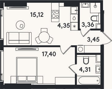 Планировка: 2-к, 48 м²