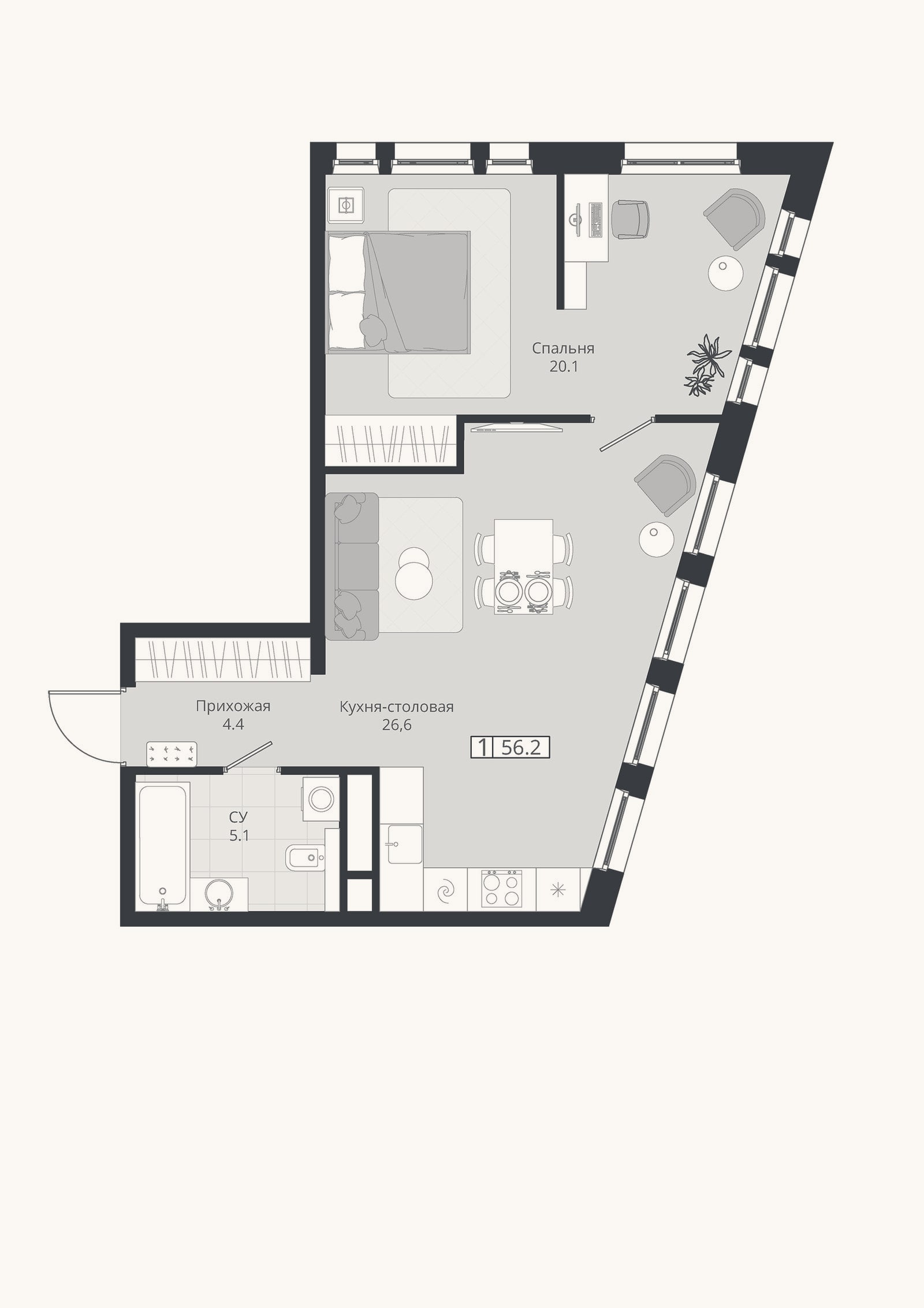 Планировка: 2-к, 56,2 м²