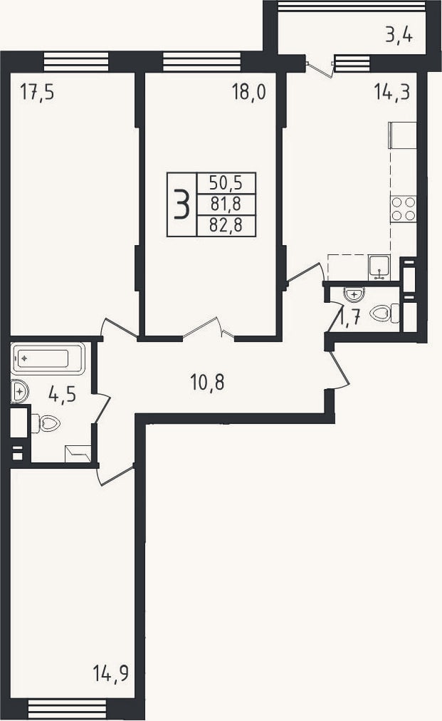 Планировка: 3-к, 81,8 м²