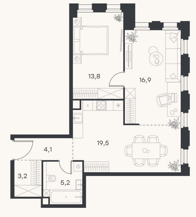 Планировка: 2-к, 62,7 м²