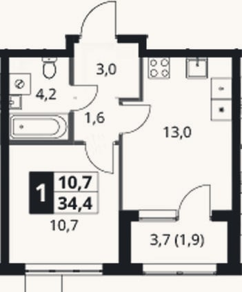 Планировка: 1-к, 32,5 м²