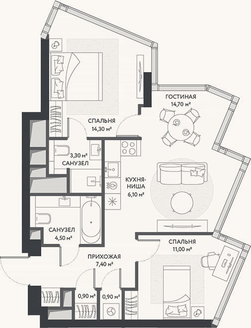Планировка: 3-к, 63,1 м²