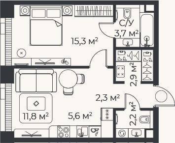 Планировка: 2-к, 43,8 м²