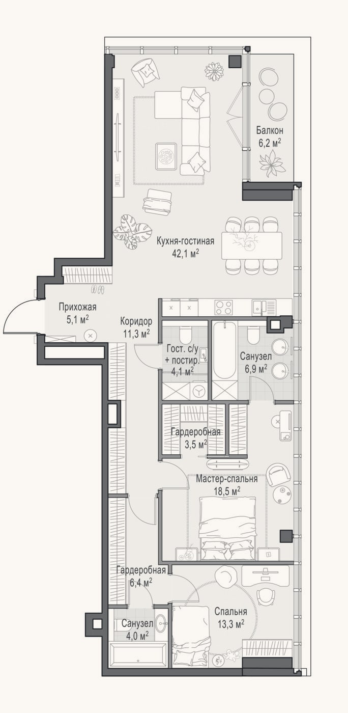 Планировка: 3-к, 118 м²