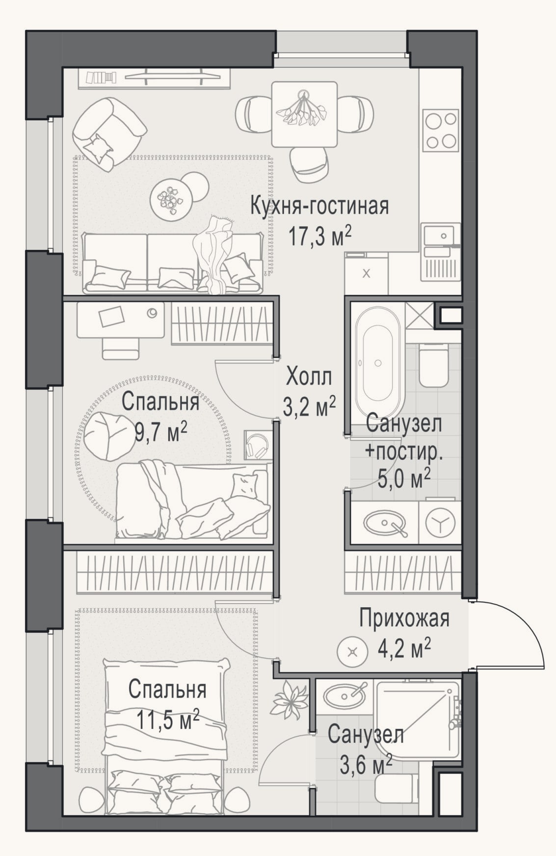 Планировка: 3-к, 54,5 м²