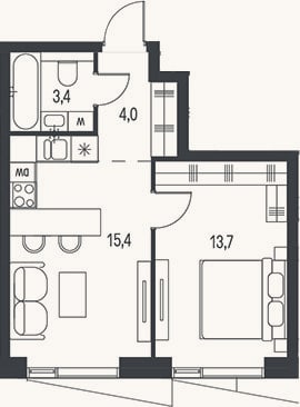 Планировка: 2-к, 36,5 м²