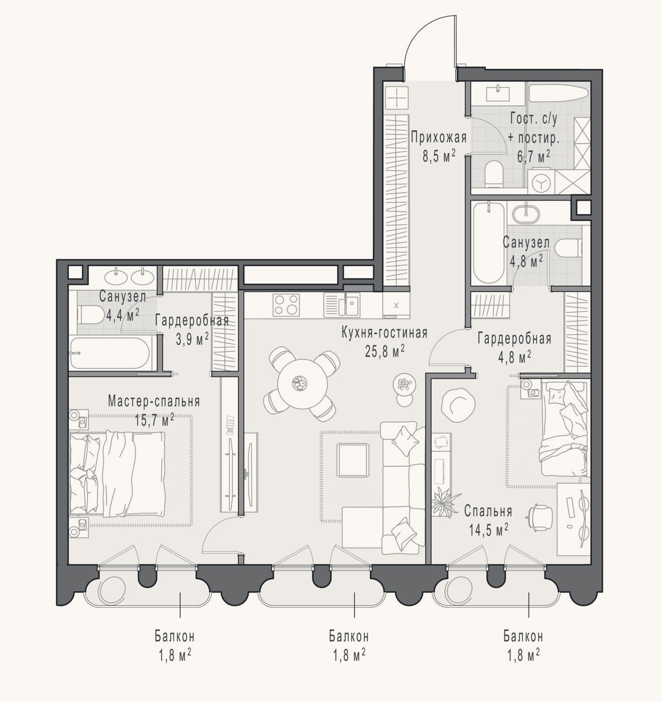 Планировка: 3-к, 91,9 м²