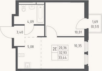 Планировка: 2-к, 32,9 м²