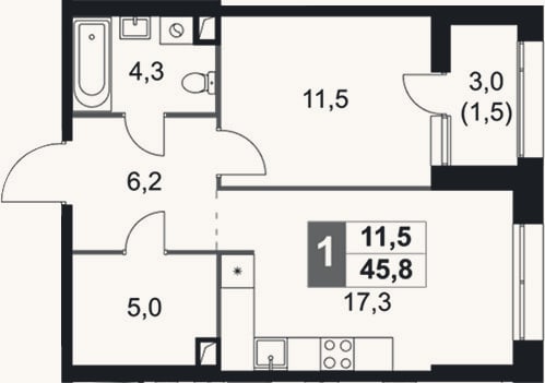 Планировка: 2-к, 44,3 м²