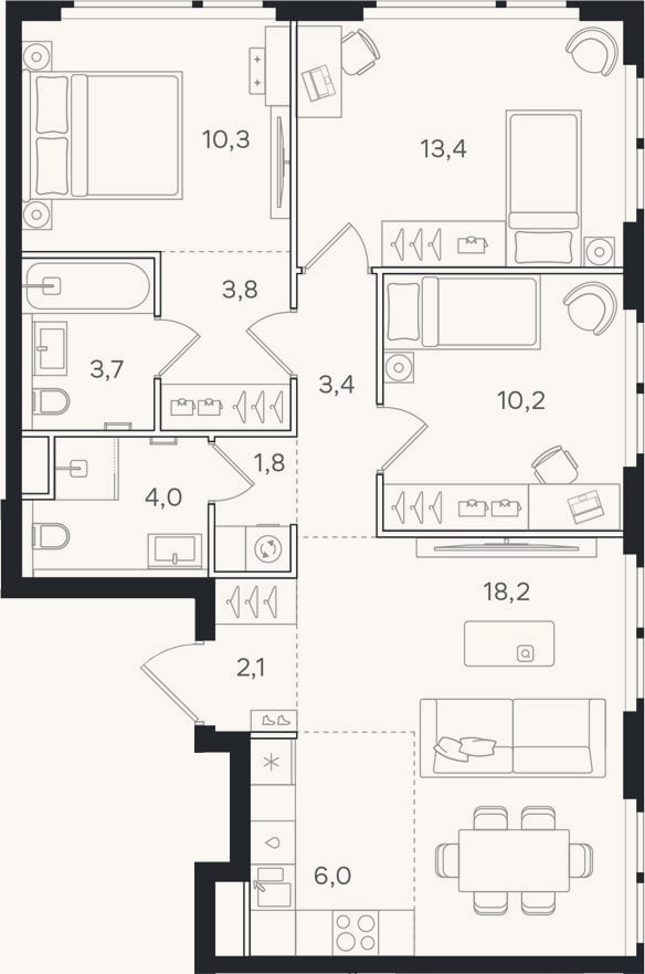 Планировка: 4+ к, 76,9 м²