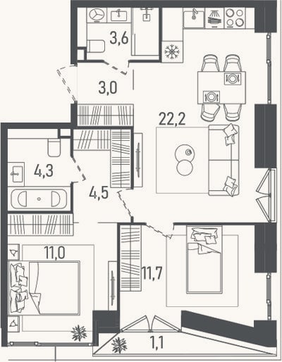 Планировка: 3-к, 60,3 м²