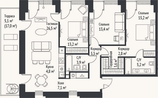 Планировка: 4+ к, 98,8 м²