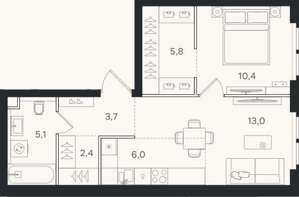 Планировка: 2-к, 46,4 м²