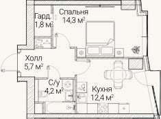Планировка: 1-к, 38,7 м²