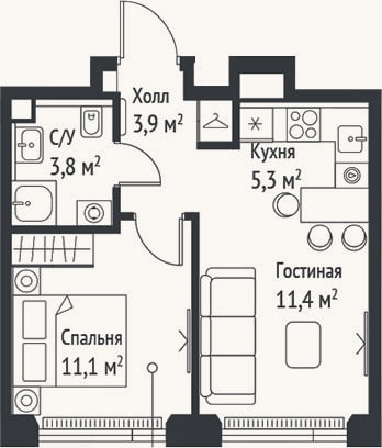 Планировка: 2-к, 35,5 м²