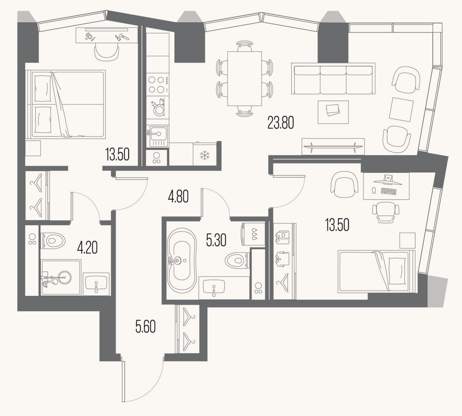 Планировка: 2-к, 70,7 м²