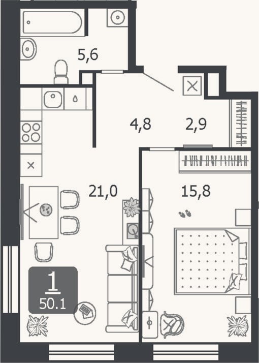 Планировка: 2-к, 50,1 м²