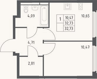 Планировка: 1-к, 32,7 м²