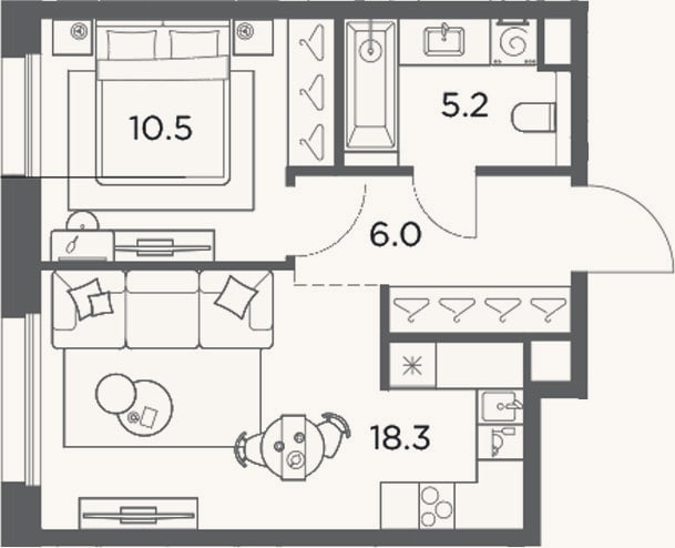 Планировка: 1-к, 40 м²