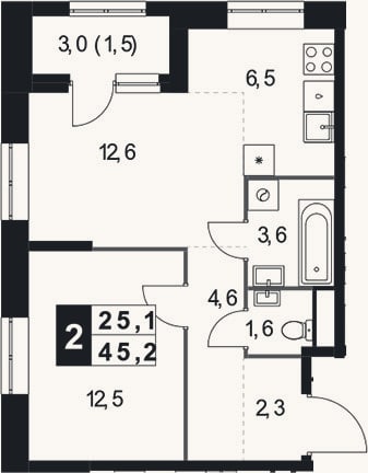 Планировка: 2-к, 43,7 м²