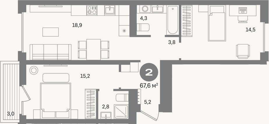 Планировка: 2-к, 64,6 м²