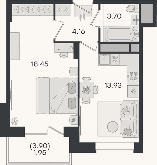 Планировка: 1-к, 40,2 м²