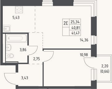 Планировка: 2-к, 40,8 м²
