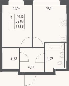 Планировка: 1-к, 32,9 м²