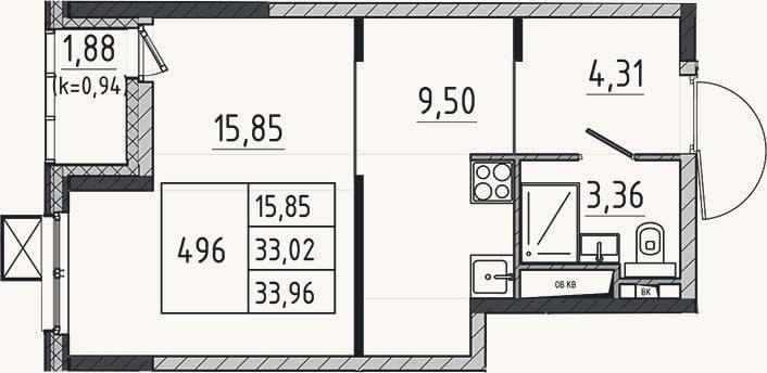 Планировка: Студия, 33 м²