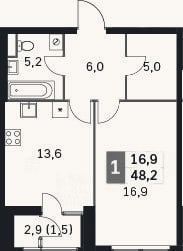 Планировка: 1-к, 44,7 м²