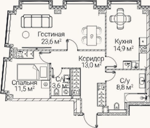 Планировка: 2-к, 75,4 м²